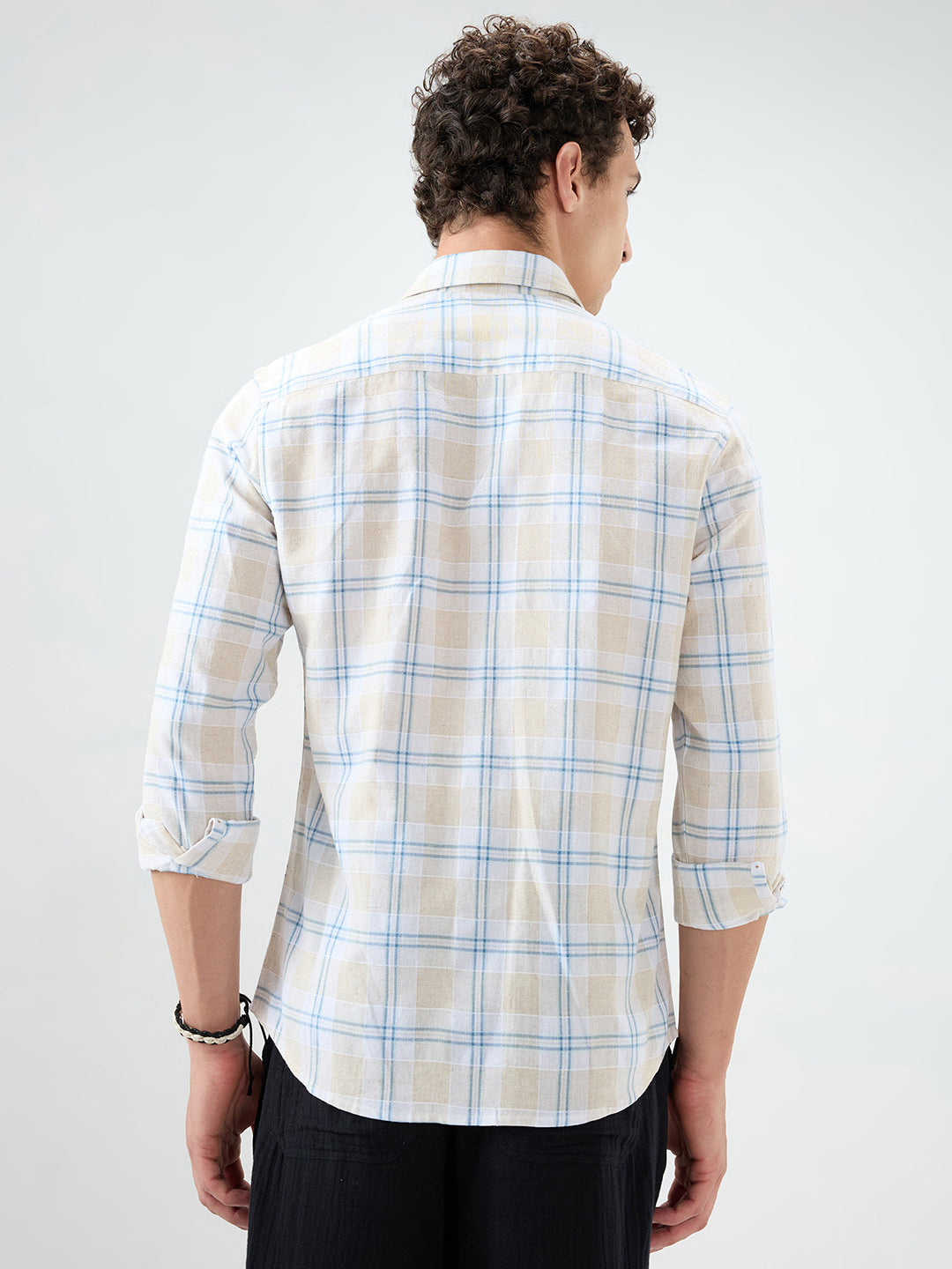 Soft Sand Contrast Windowpane Checks Linen Blend Shirt