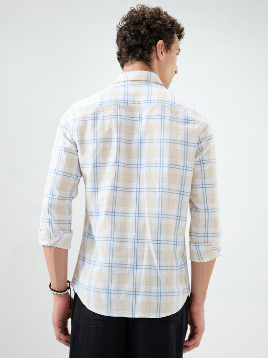 Soft Sand Contrast Windowpane Checks Linen Blend Shirt