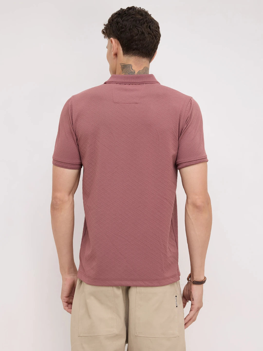 Dusty Rose Diamond Weave Polo Knit T-Shirt