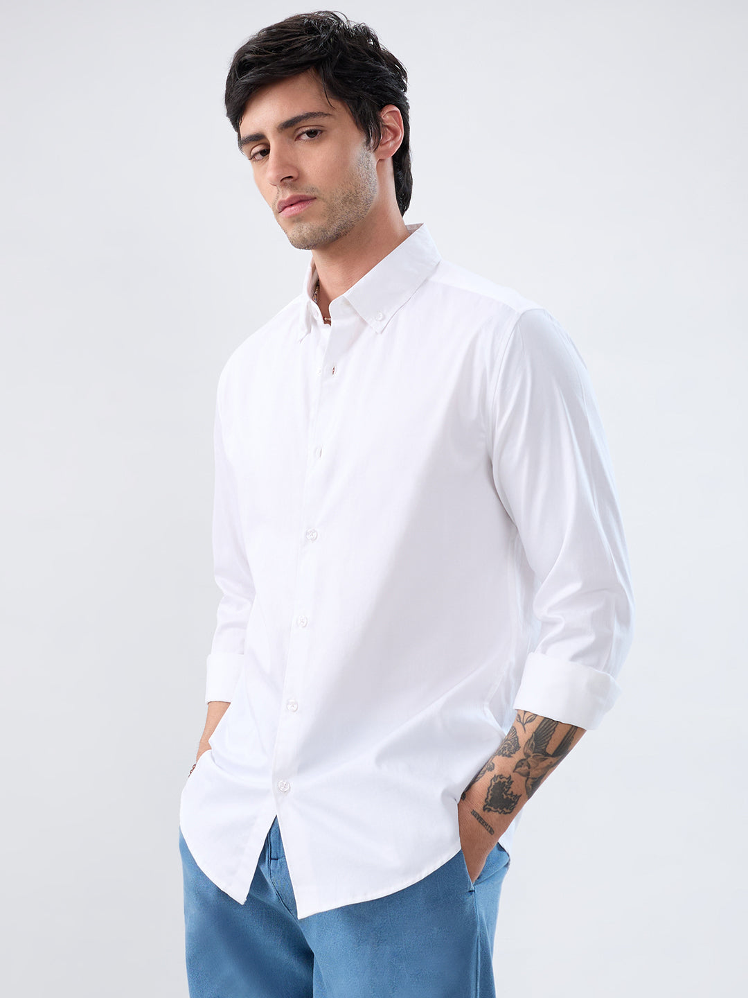 White Satin Button-Down Collar Business Shirt