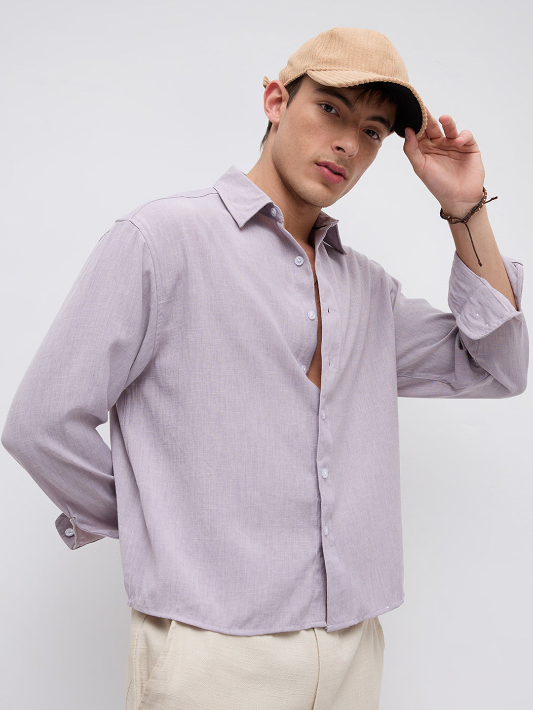 Soft Lilac Smooth Weave Boxy Fit Crop Shirt