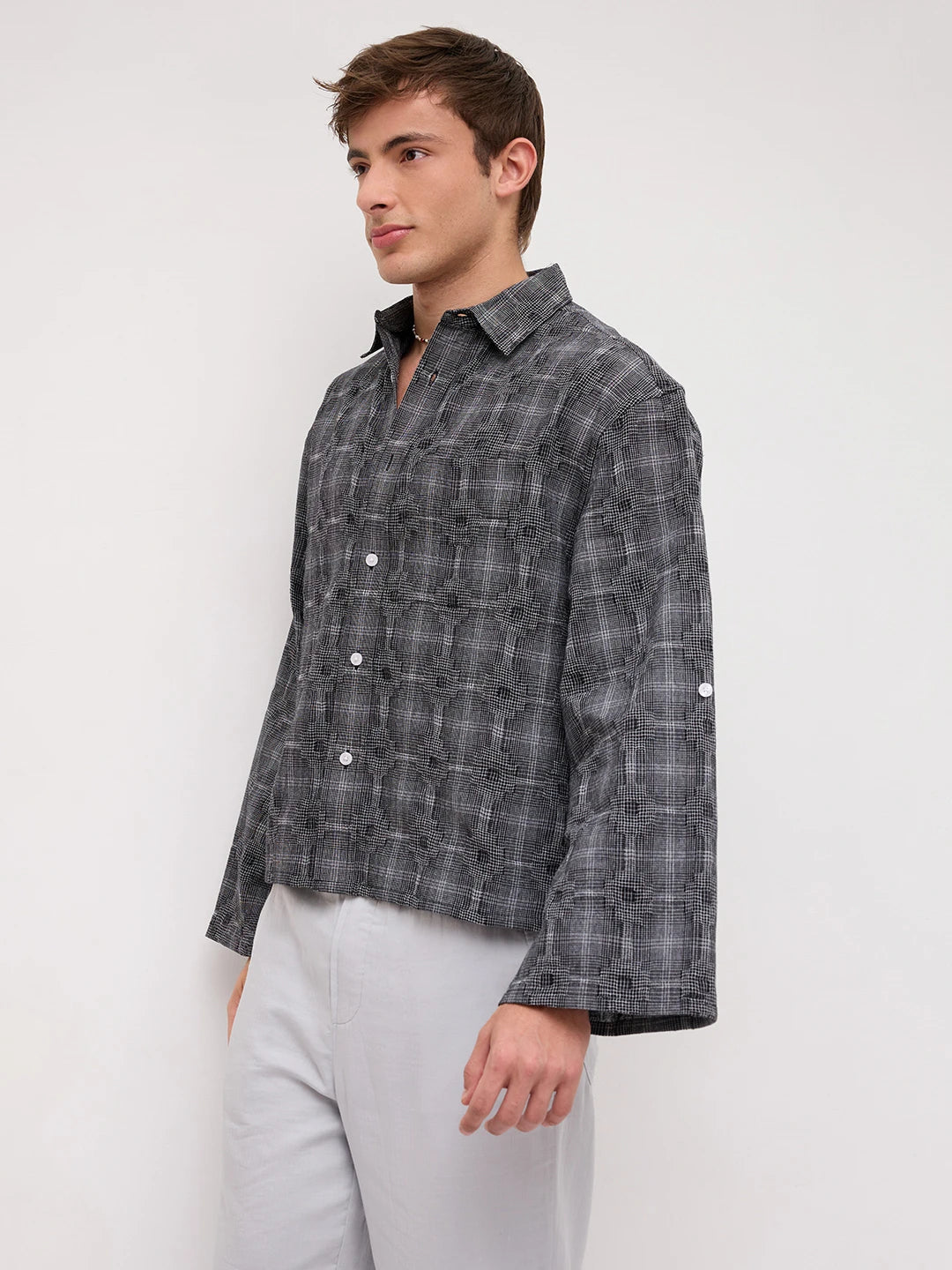 Monochrome Glitch Micro Check Matrix Cuffless Oversized Crop Shirt