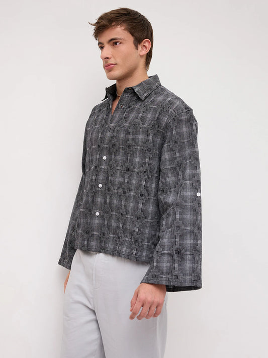 Monochrome Glitch Micro Check Matrix Cuffless Oversized Crop Shirt