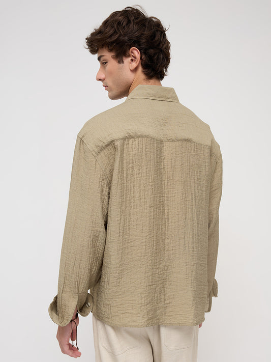 Olive Sheer Crinkled Boxy Fit Crop Shirt