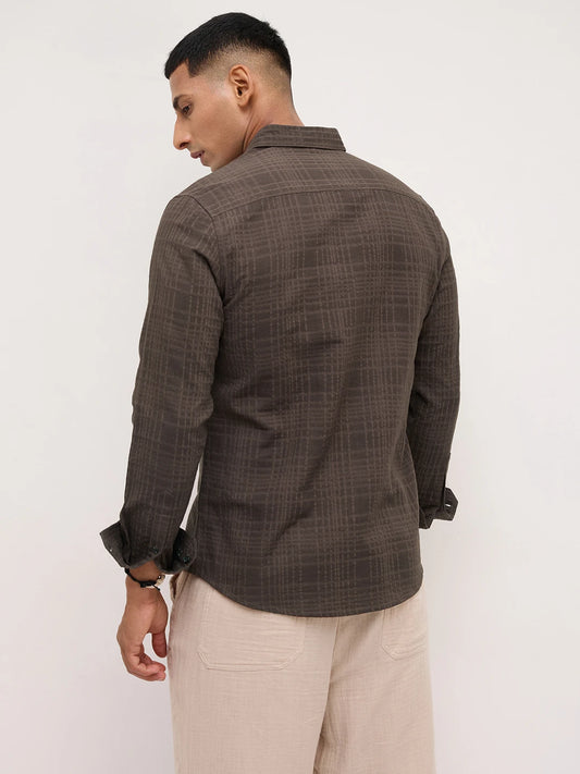 Coffee Brown Ledger Checks Double Cloth Shirt