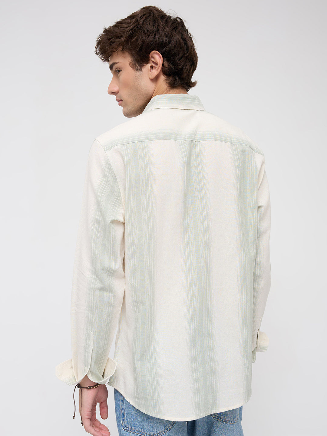 Luxe Sage Green Refined Striped Linen Blend Shirt