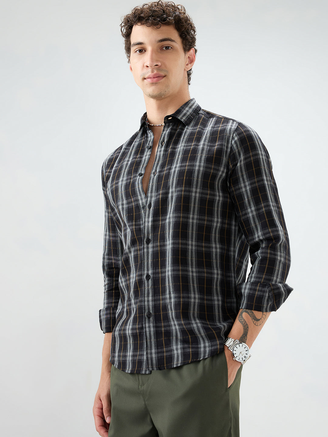 Rich Black Contrast Windowpane Checks Shirt