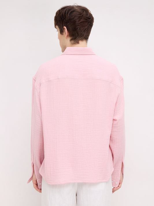 Charming Pastel Pink Double Cloth Boxy Fit Crop Shirt