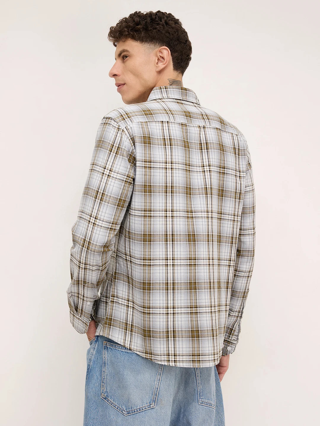 Olive & Grey Fine Striped Plaid Checks Shirt
