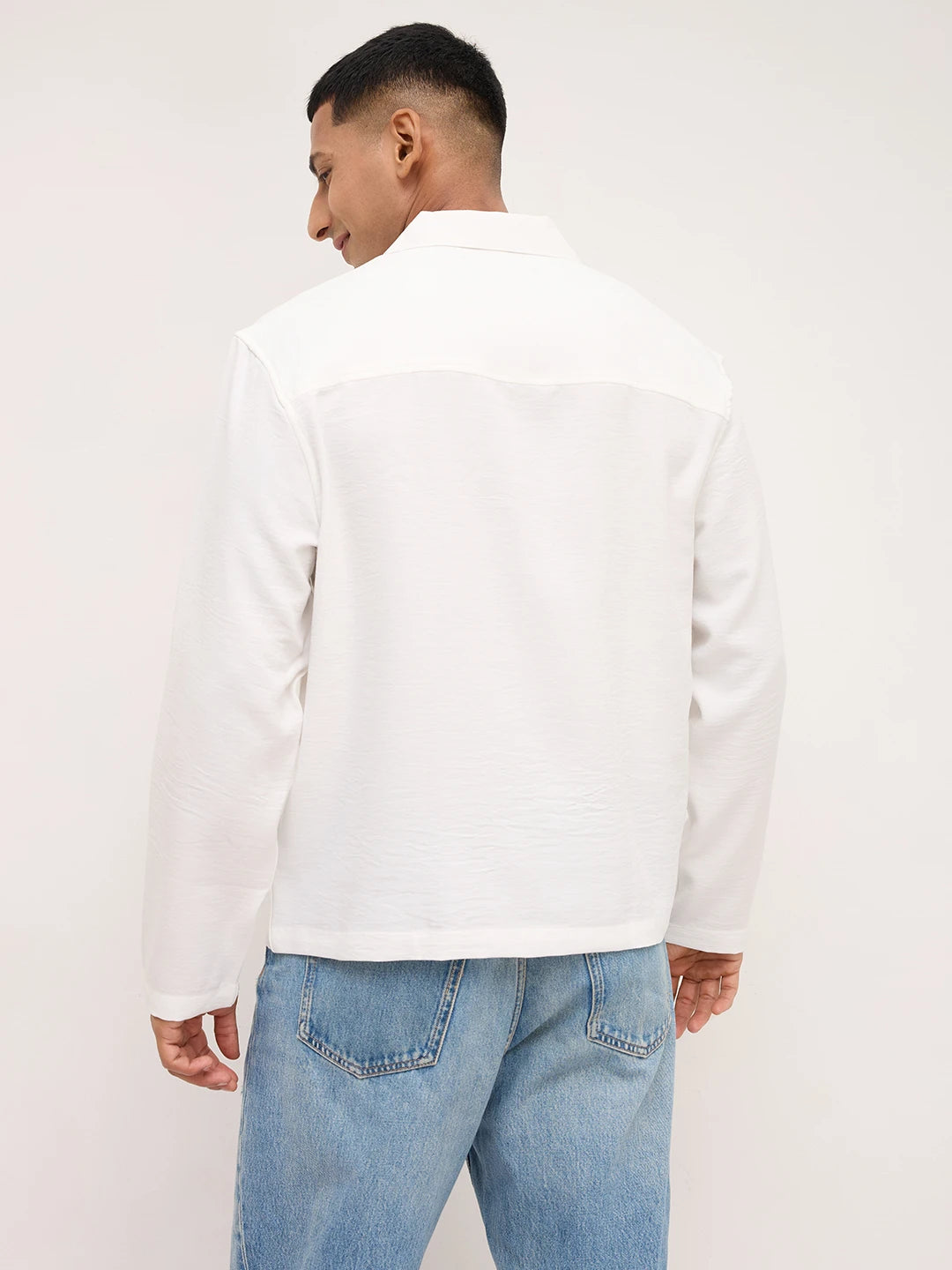 Pearl White Crinkled Notch Collar Oversized Shirt