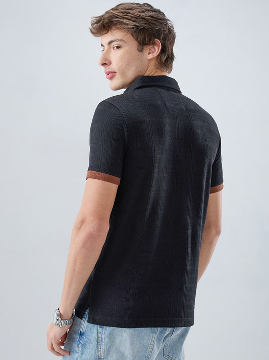 Matte Black Contrast Polo Neck Knit T-shirt