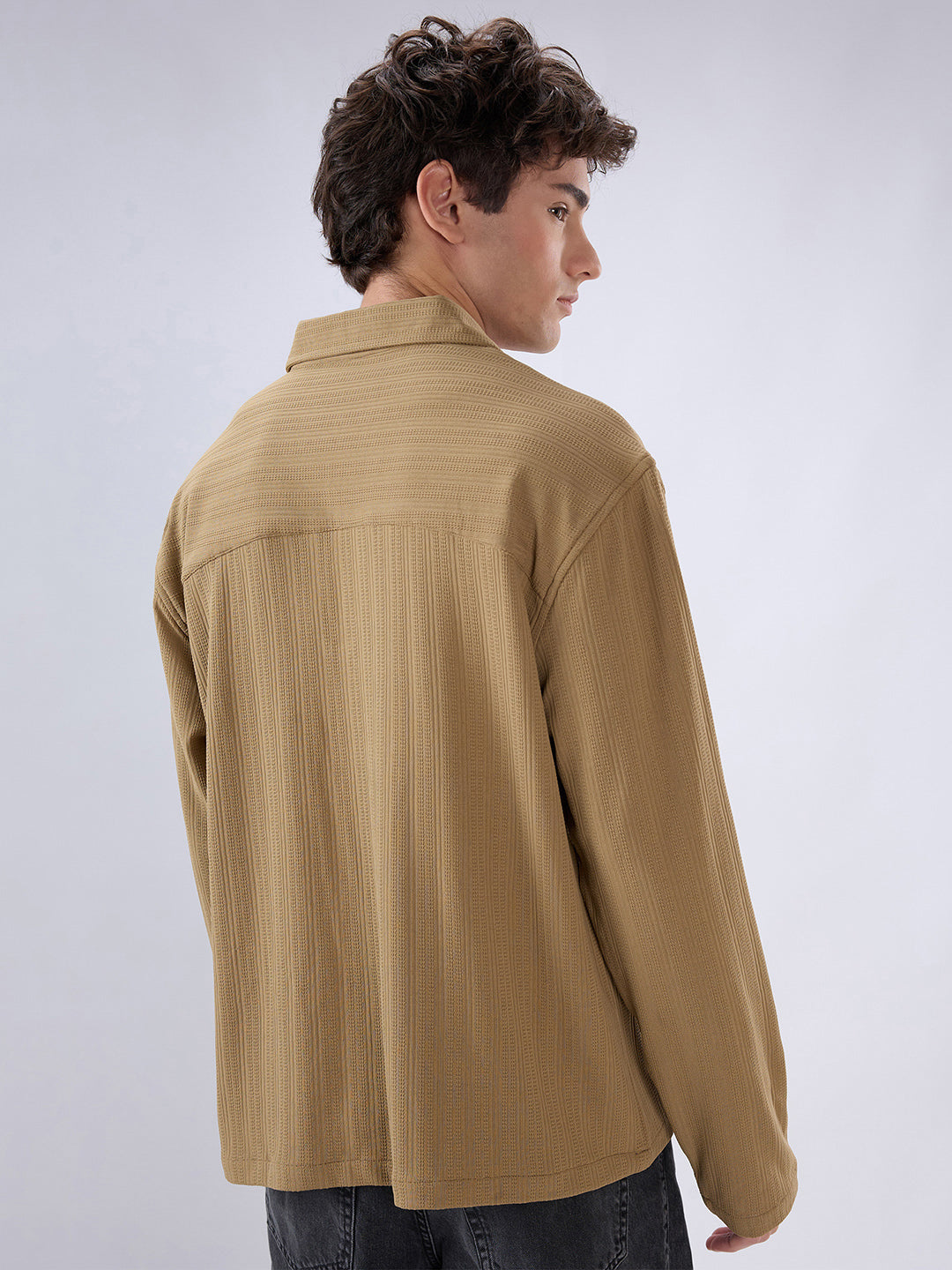 Soft Khaki Ribbed Textured Polo Oversized Knitted Shirt