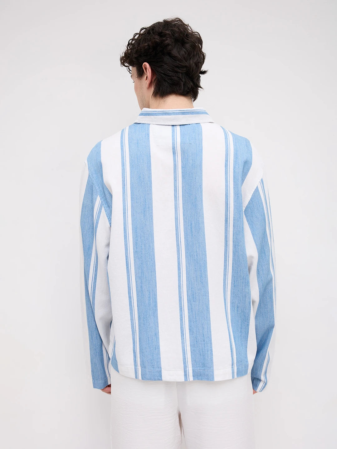 Denim Broad Stripes Oversized Cuffless Shirt