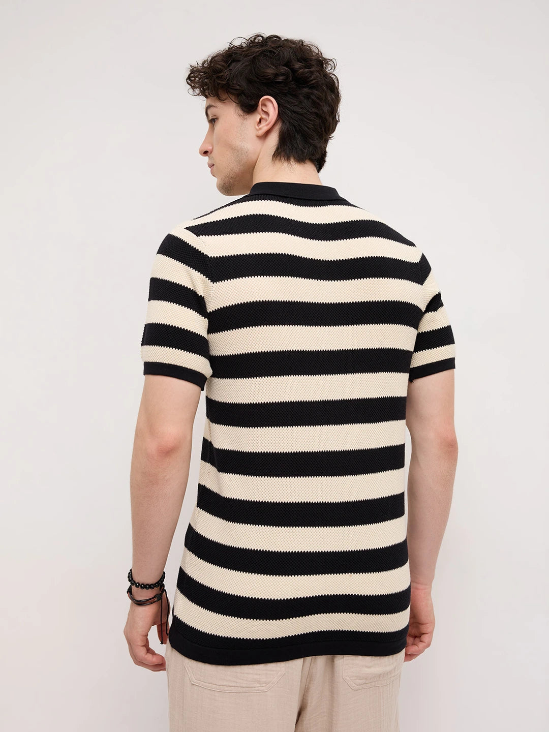 Monochrome Horizontal Striped Flat Knit Polo T-Shirt