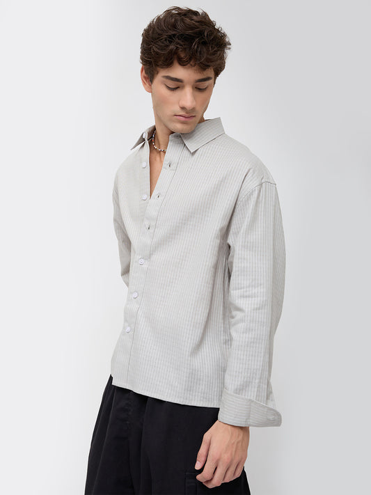 Misty Grey Fine Grid Weave Boxy Fit Crop Shirt