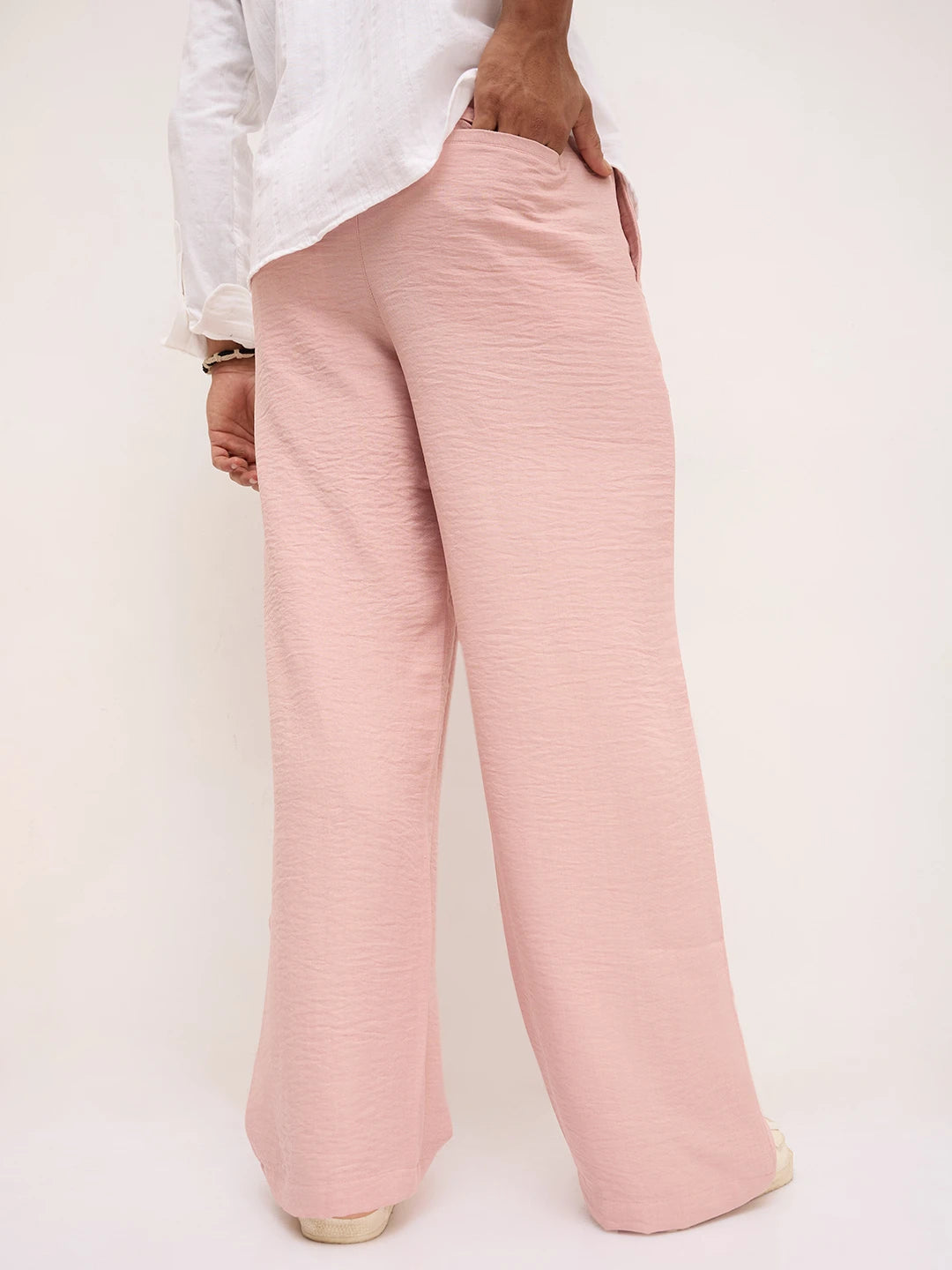 Elegant Champagne Pink Crinkled Wide Leg Trousers