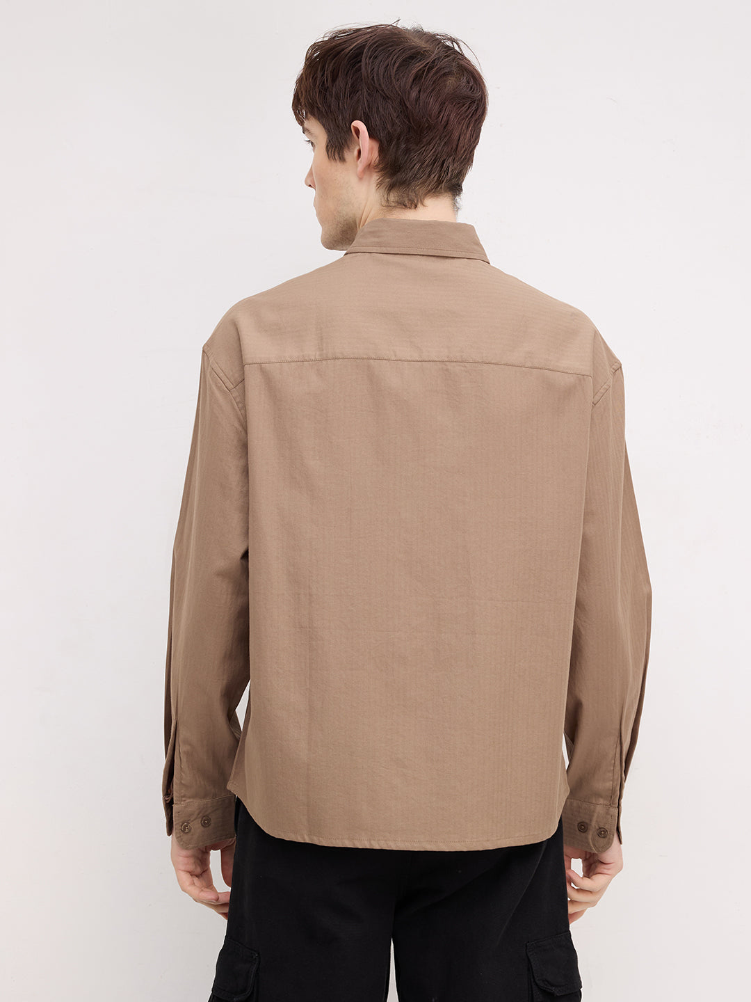 Deep Khaki Herringbone Textured Boxy Fit Crop Shirt