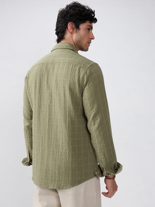 Premium Olive Grid Emboss Double Cloth Textured Shirt