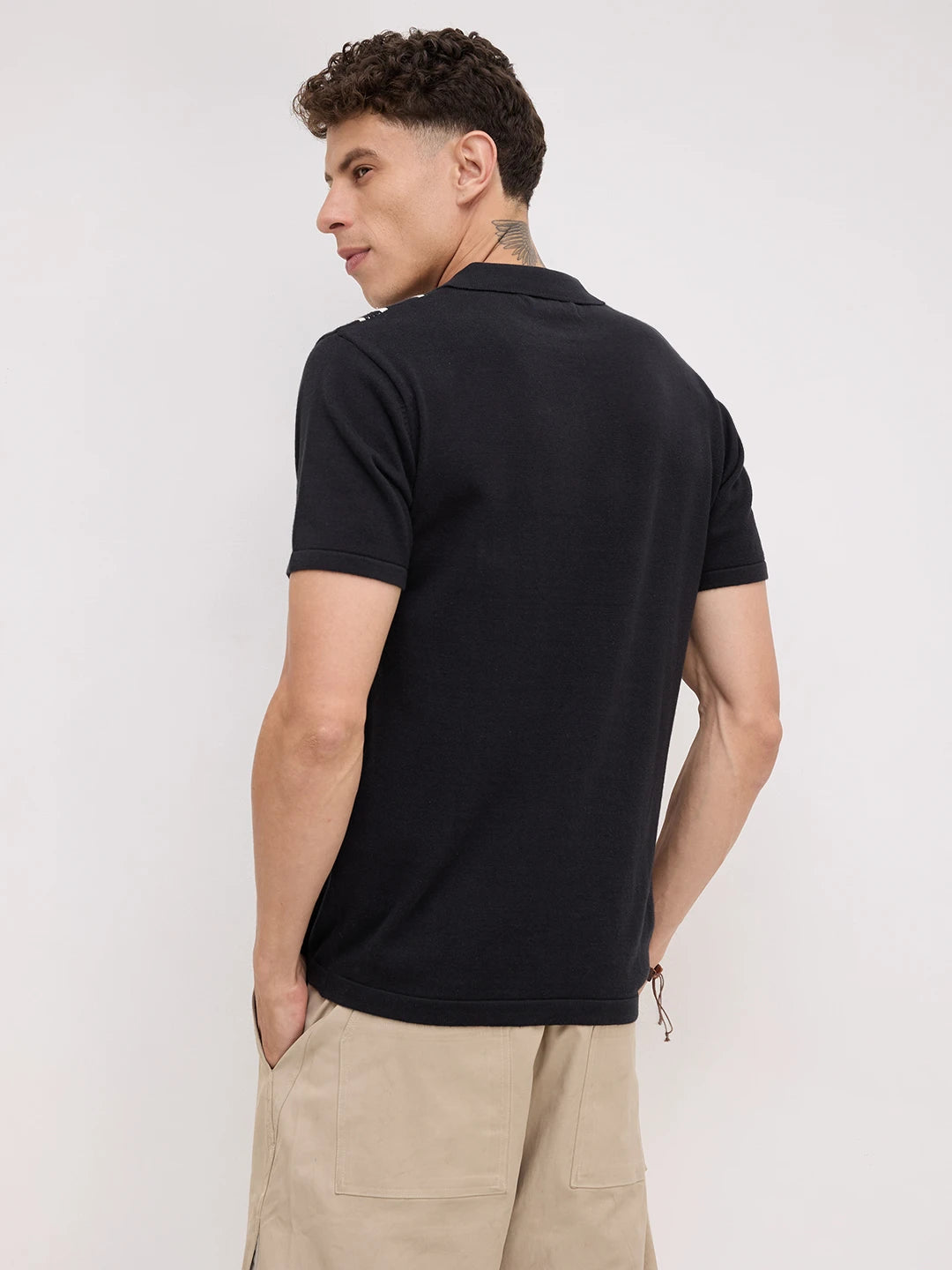 Black Contrast Vertical Striped Flat Knit Polo T-Shirt
