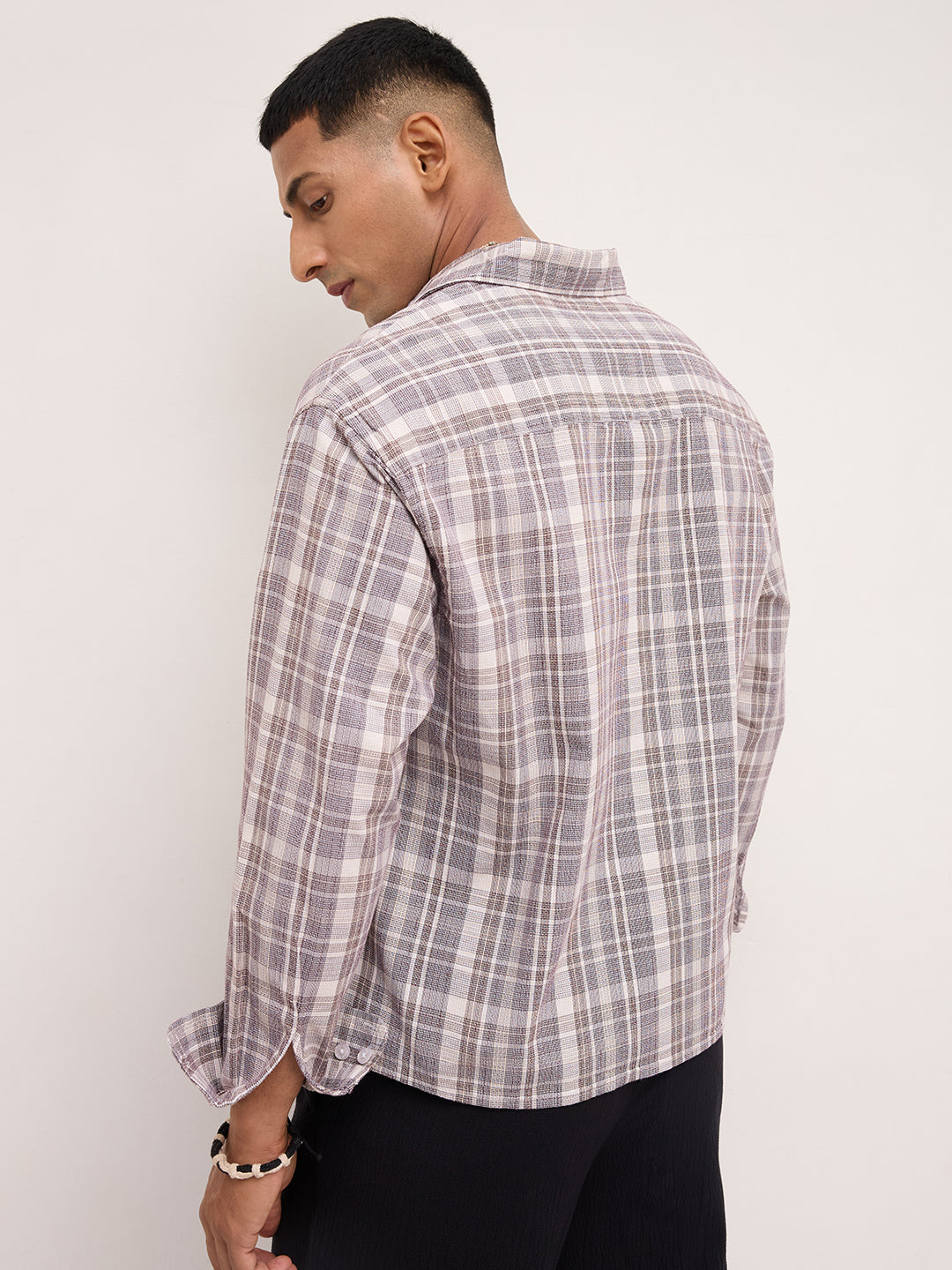 Ivory & Maroon Dual Line Checks Boxy Fit Crop Shirt