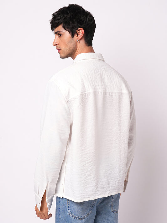 Snow White Crinkled Side-Slit Oversized Crop Shirt