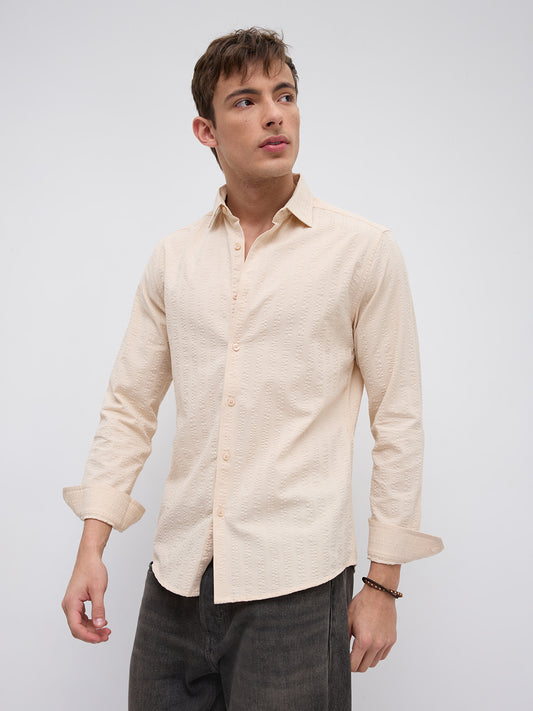 Bisque Beige Seersucker Striped Shirt