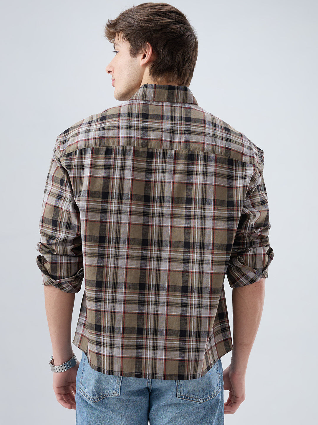 Muted Olive Plaid Checks Boxy Fit Crop Shirt