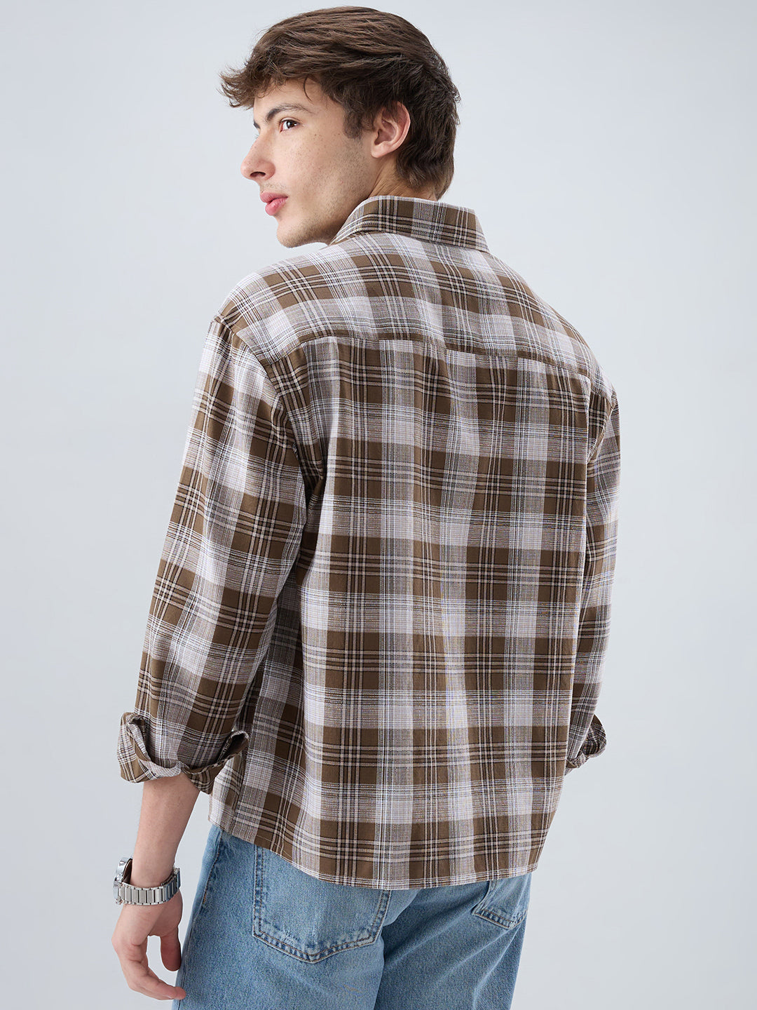 Deep Brown & White Plaid Checks Boxy Fit Crop Shirt
