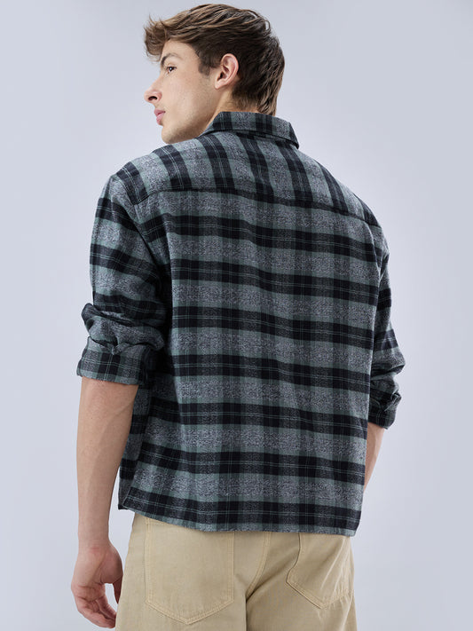 Olive & Black Multicolor Boxy Fit Crop Shirt