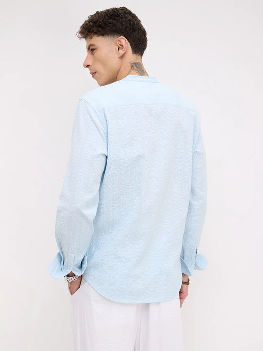 Luxe Sky Blue Seersucker Mandarin Shirt