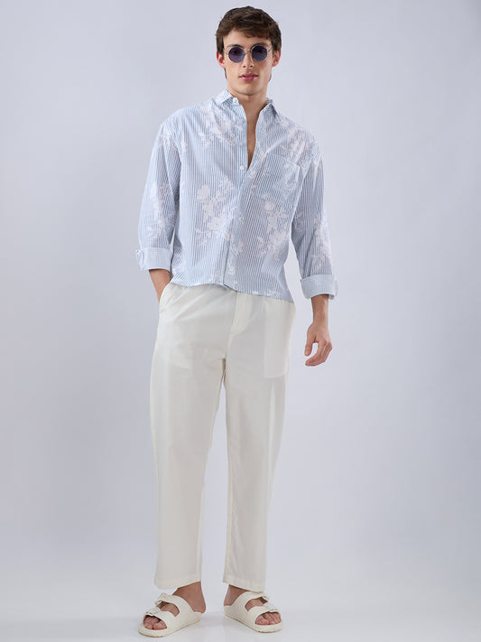 Blue & White Contemporary Floral Boxy Fit Crop Shirt