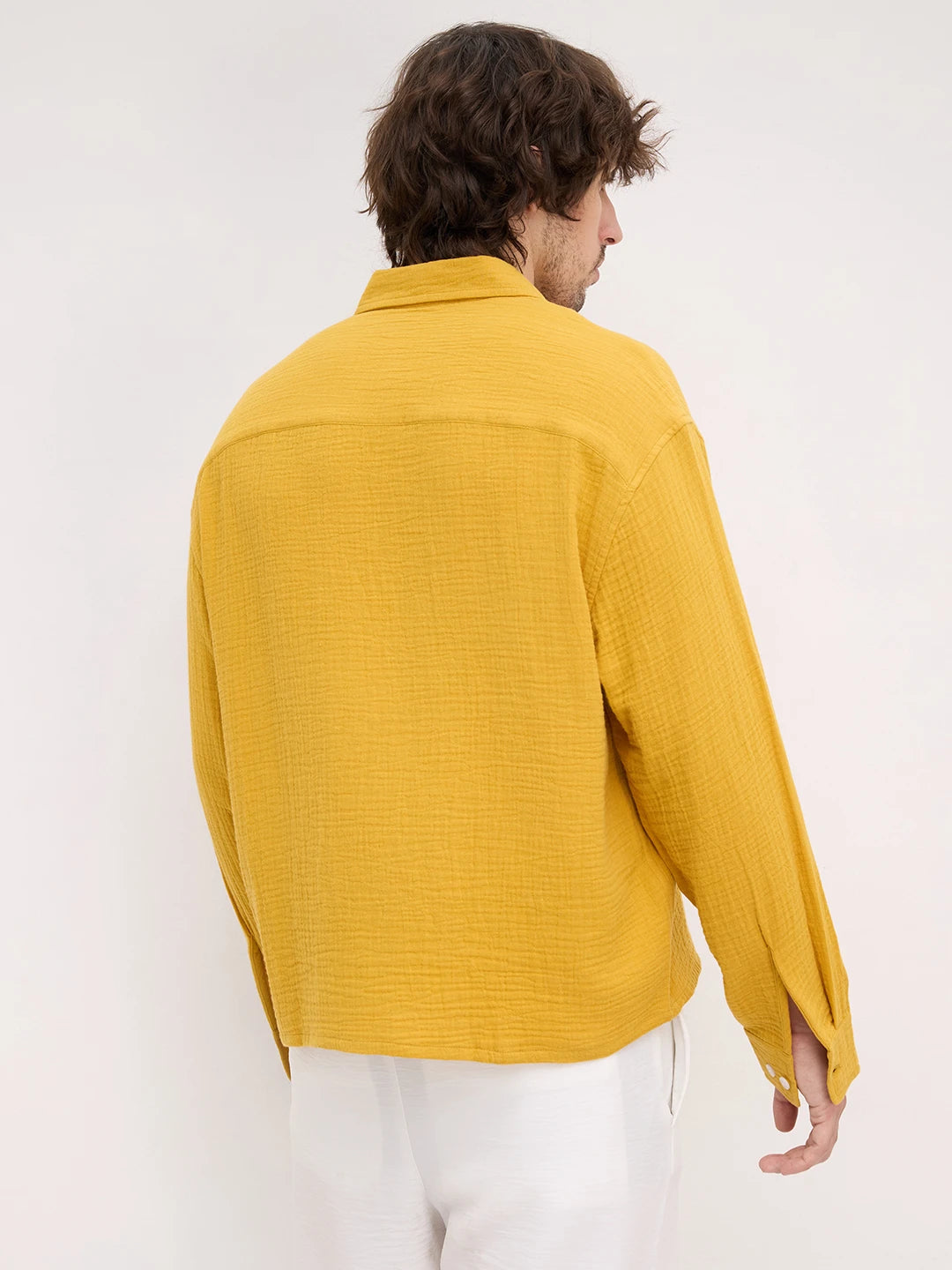 Radiant Gold Double Cloth Boxy Fit Crop Shirt