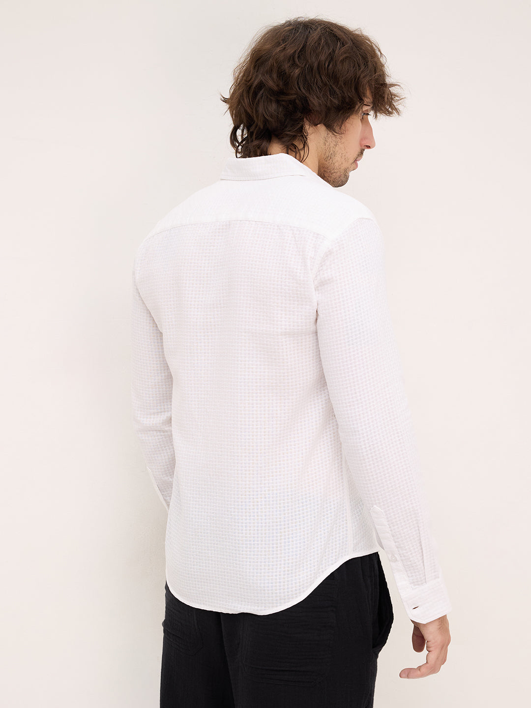 Sheer White Mini Square Checks Textured Vacation Shirt