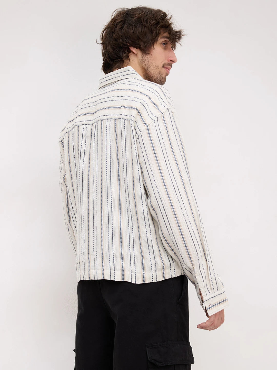 Premium Ivory Nomad Striped Threadwork Loop Button Oversized Shirt