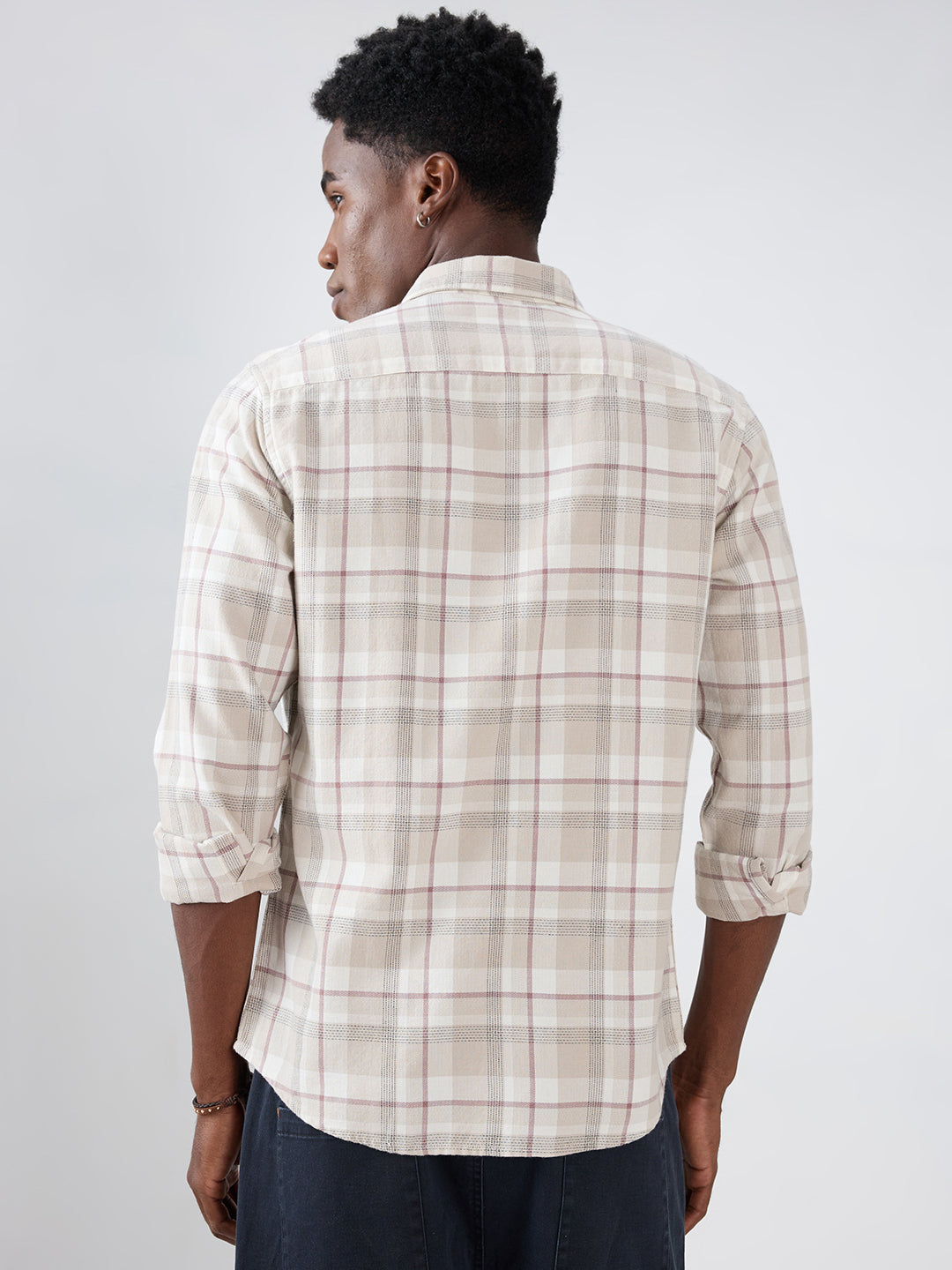 Beige Micro Herringbone Windowpane Checks Shirt