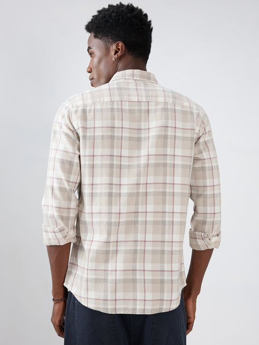 Beige Micro Herringbone Windowpane Checks Shirt