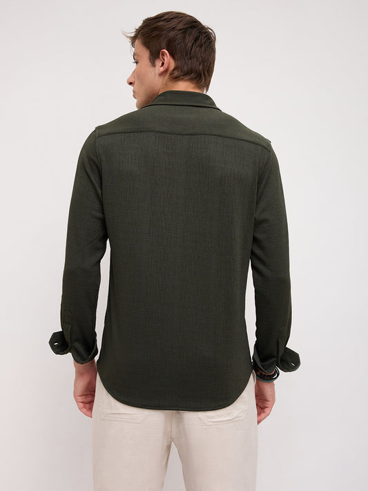 Dense Forest Green Mini Checks Textured Knitted Shirt