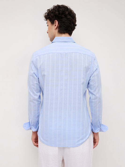 Powder Blue Sheer Windowpane Checks Textured Weave Shirt