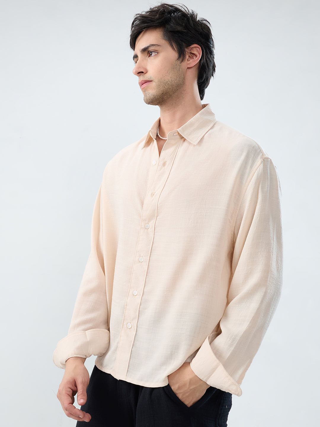 Pearl Cream Soft Sheer Slub Textured Shirt