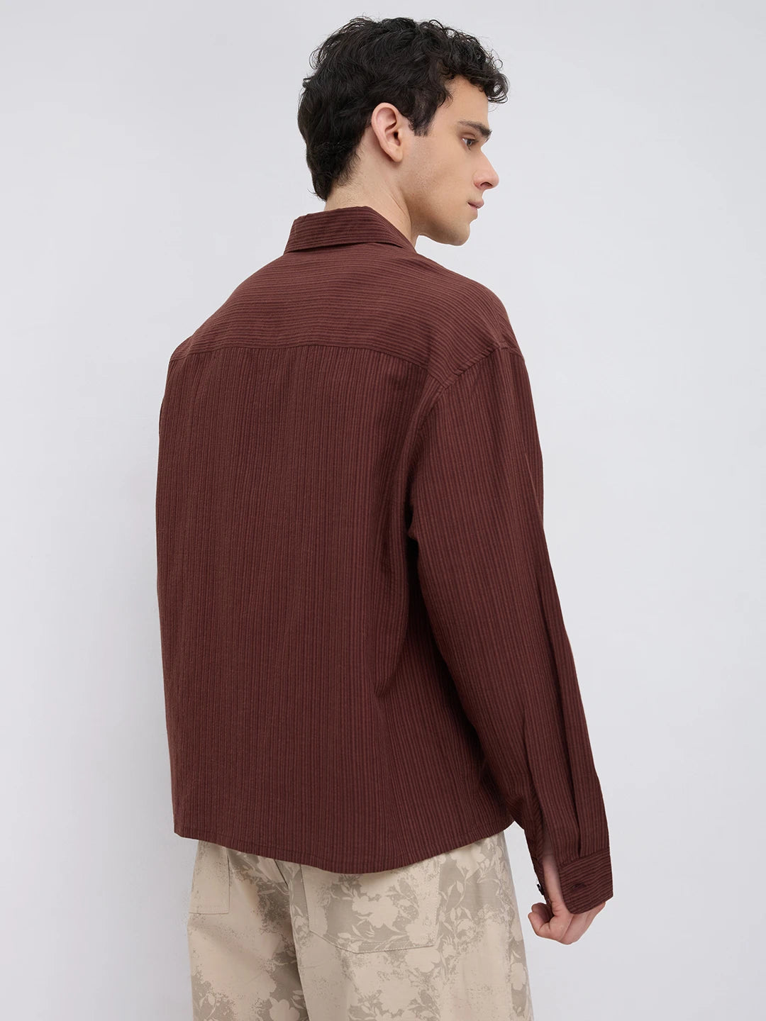 Elegant Coffee Brown Striped Boxy Fit Crop Shirt