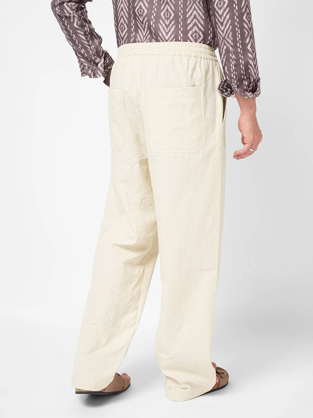 Natural Beige Seersucker Straight Fit Trousers