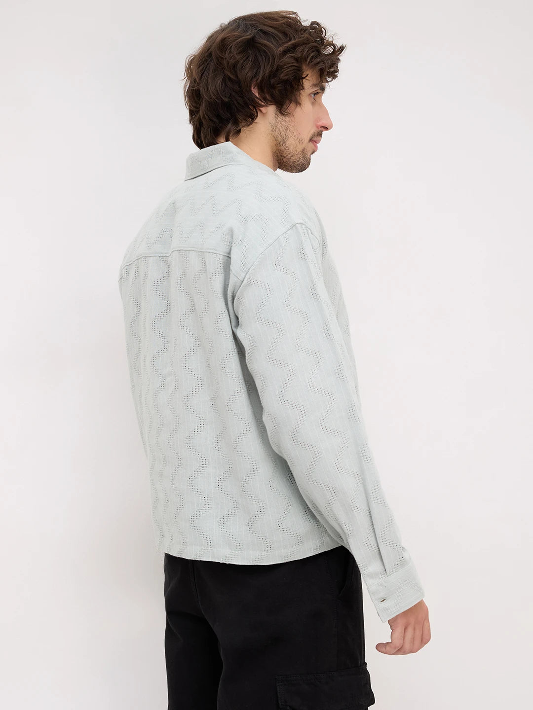 Tea Green Intricate Crossweave Jacquard Loop Button Oversized Shirt