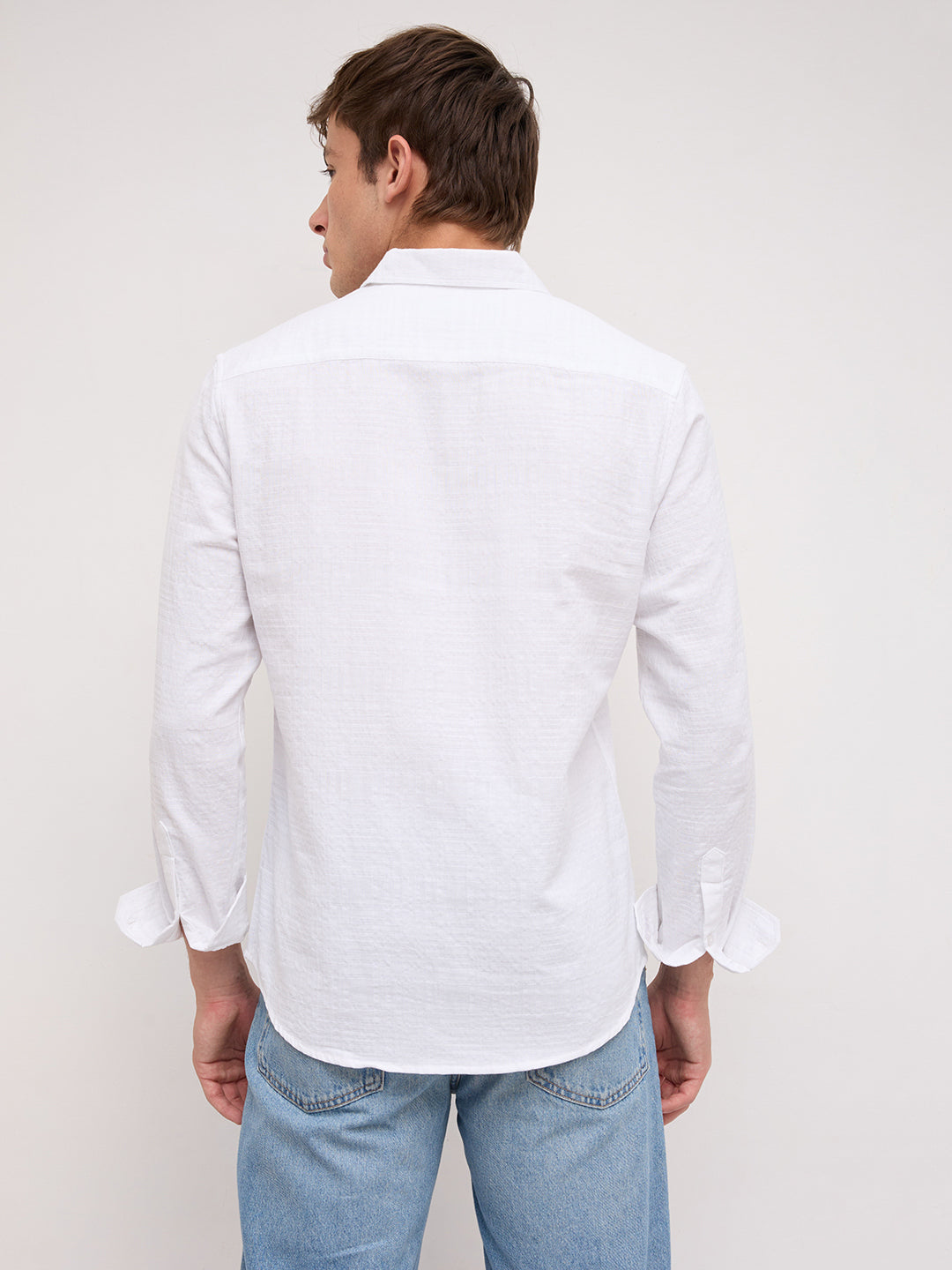 Plush Pearl White Ledger Checks Double Cloth Shirt