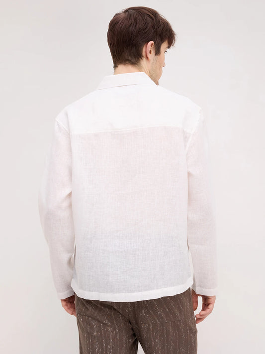 Off-White Sheer Textured Notch Collar Oversized Vacation Shirt