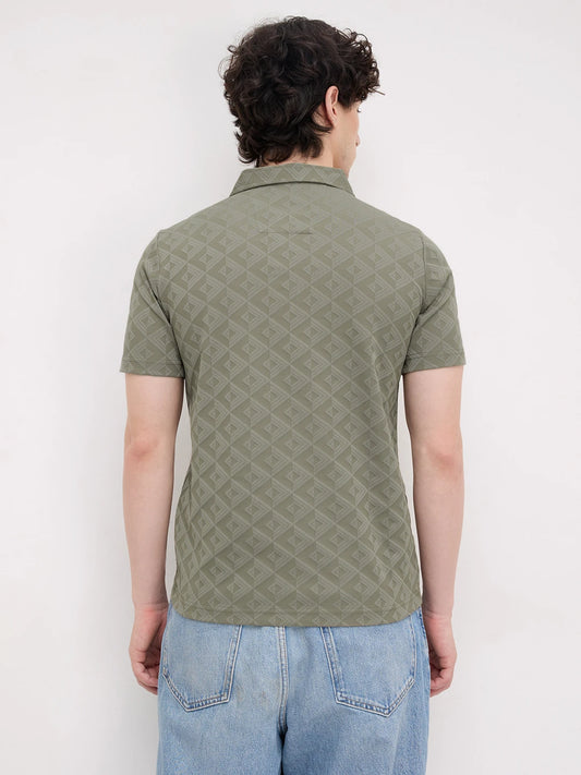 Olive Mist Diamond Embossed Zip Polo Tee