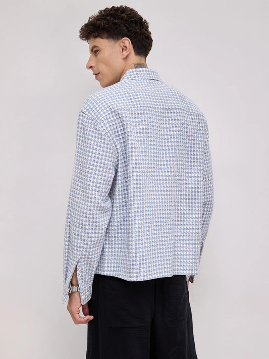Slate Blue Mosaic Textured Boxy Fit Crop Shirt