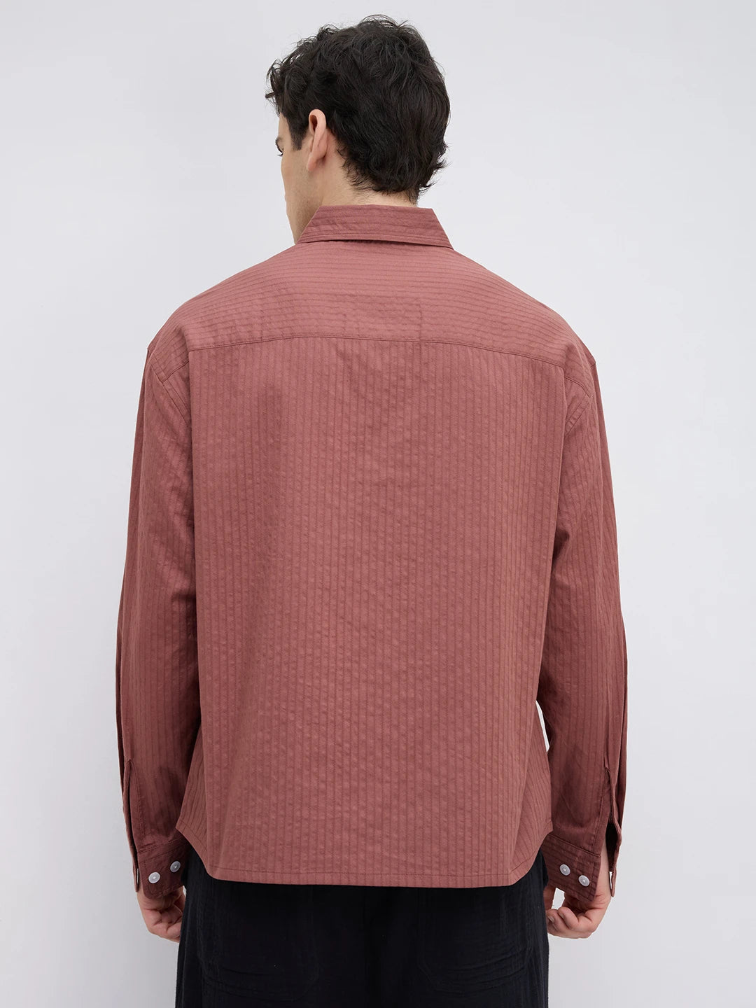 Brick Red Pinstriped Boxy Fit Crop Shirt