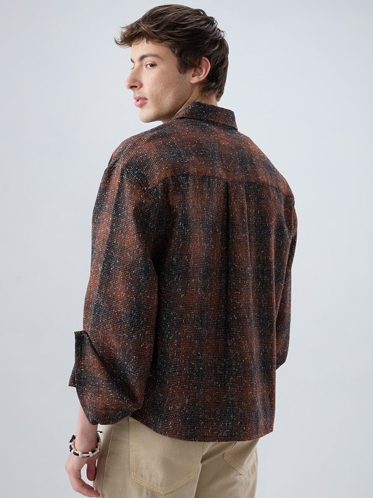 Sanjh Shaam Glossy Brown Textured Cuffless Oversized Crop Shirt