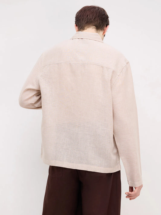 Soft Khaki Sheer Textured Notch Collar Oversized Vacation Shirt