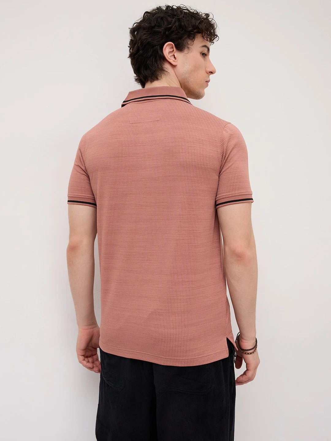 Coral Peach Grid Textured Contrast Polo Knit T-Shirt